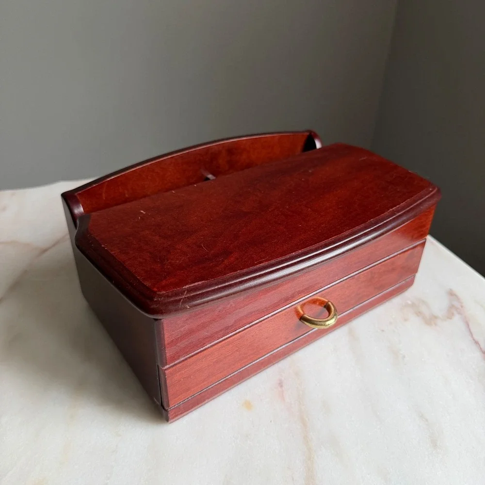 Vintage Cherry Wood Jewelry Box Mirror Green Velvet Lining Drawer Gold Hardware